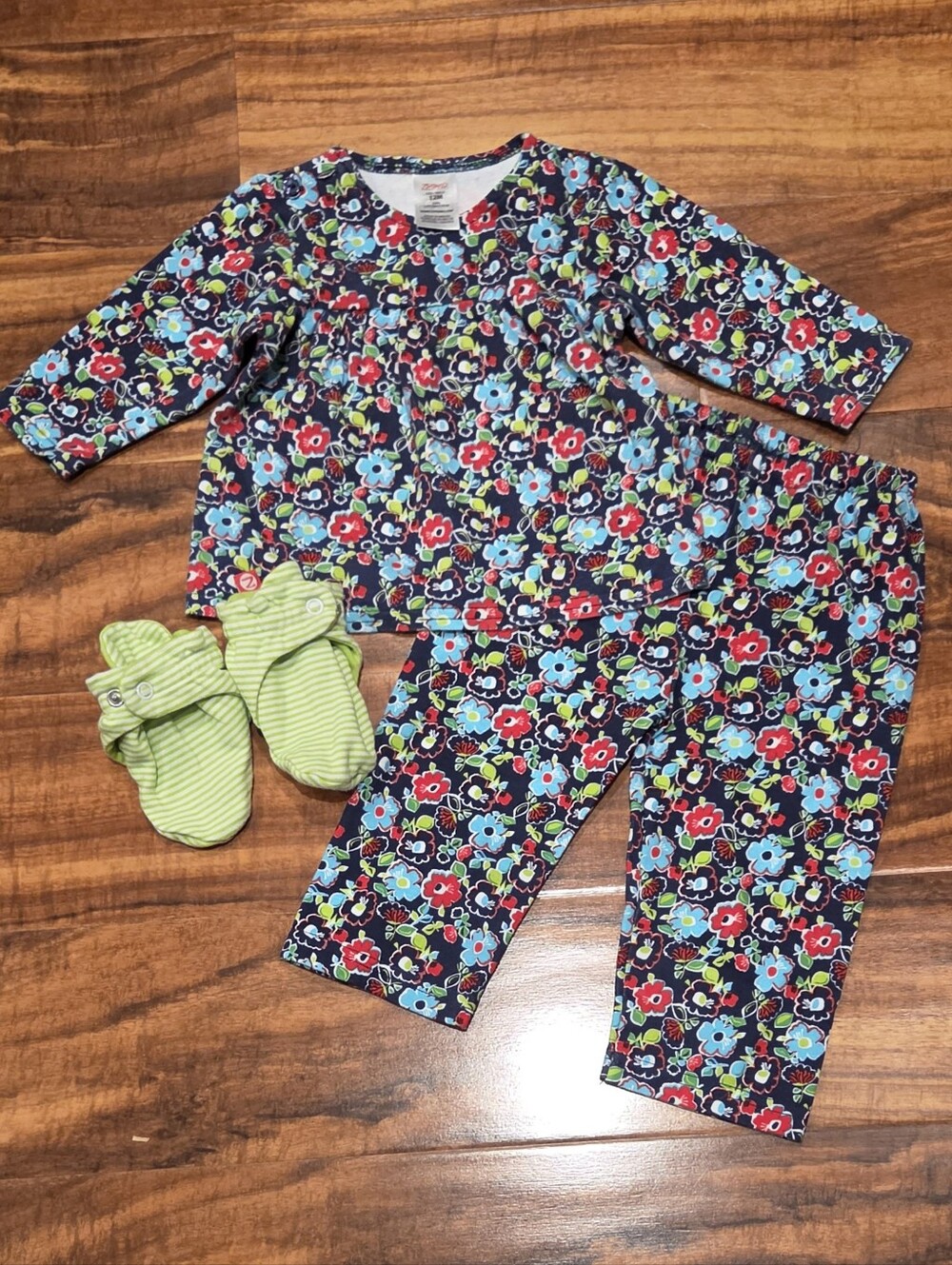 Zutano EUC 12 Months Floral Top & Pants Set and Striped Booties